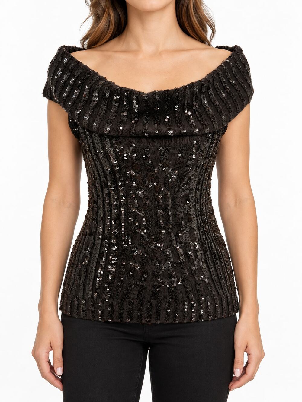 Dana Buchman M Brown Cashmere Silk Sequin Cowl Neck Sleeveless Top Quiet Luxury